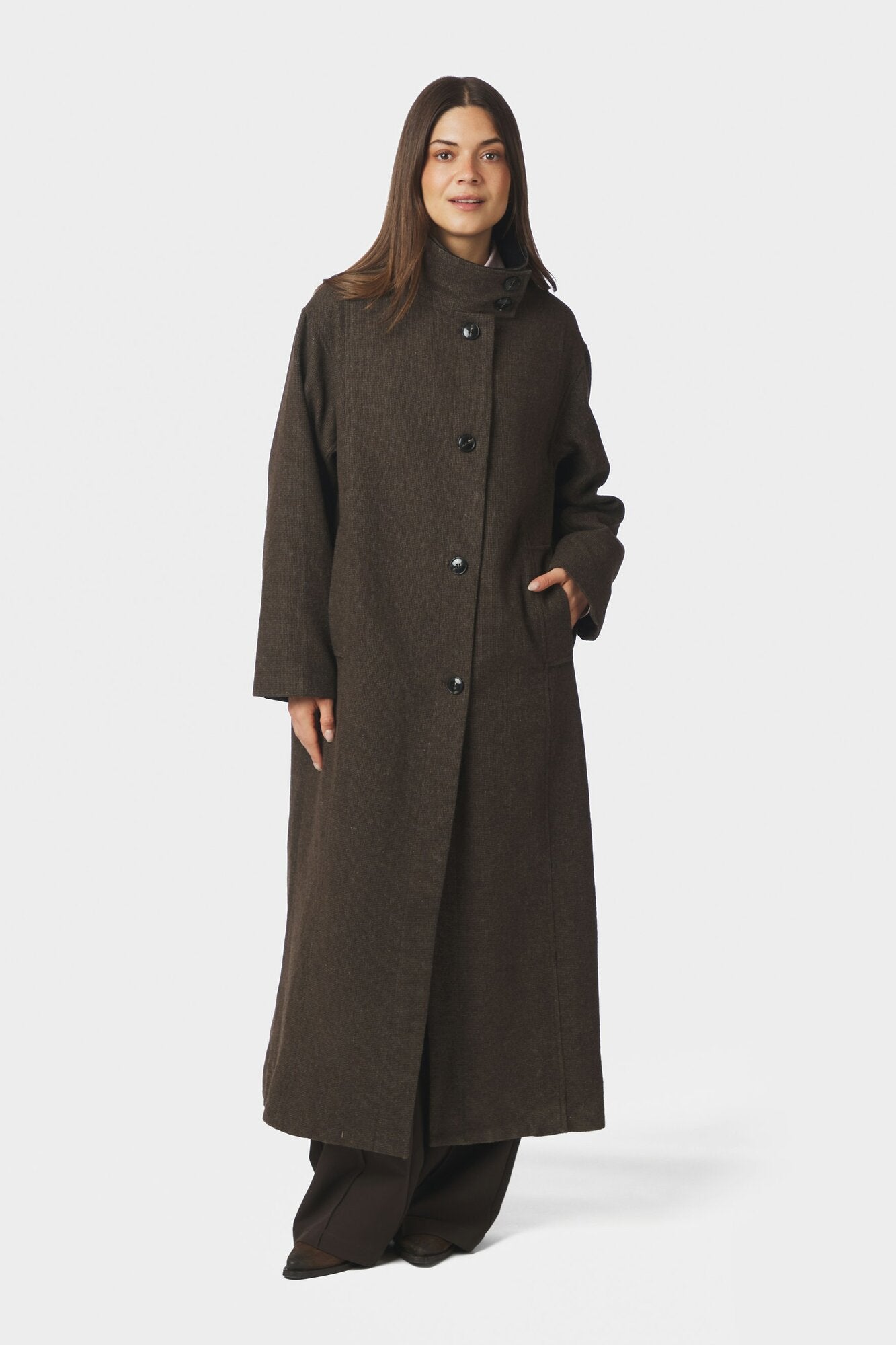 Marcel Mini Check uldfrakke – brun